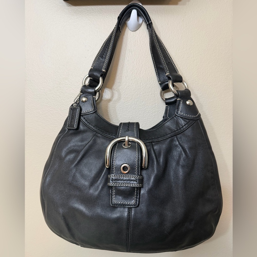 Coach Black Leather Shoulder Bag with Light Blue Interior Lining# F15527